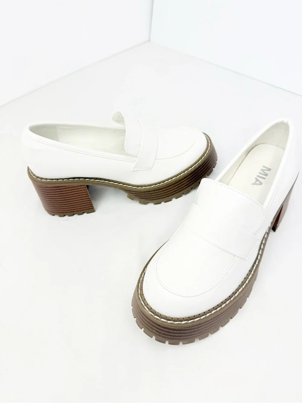 MIA Dalilah White Faux Leather Chunky Platform Lug Sole Slip On Heeled Loafer